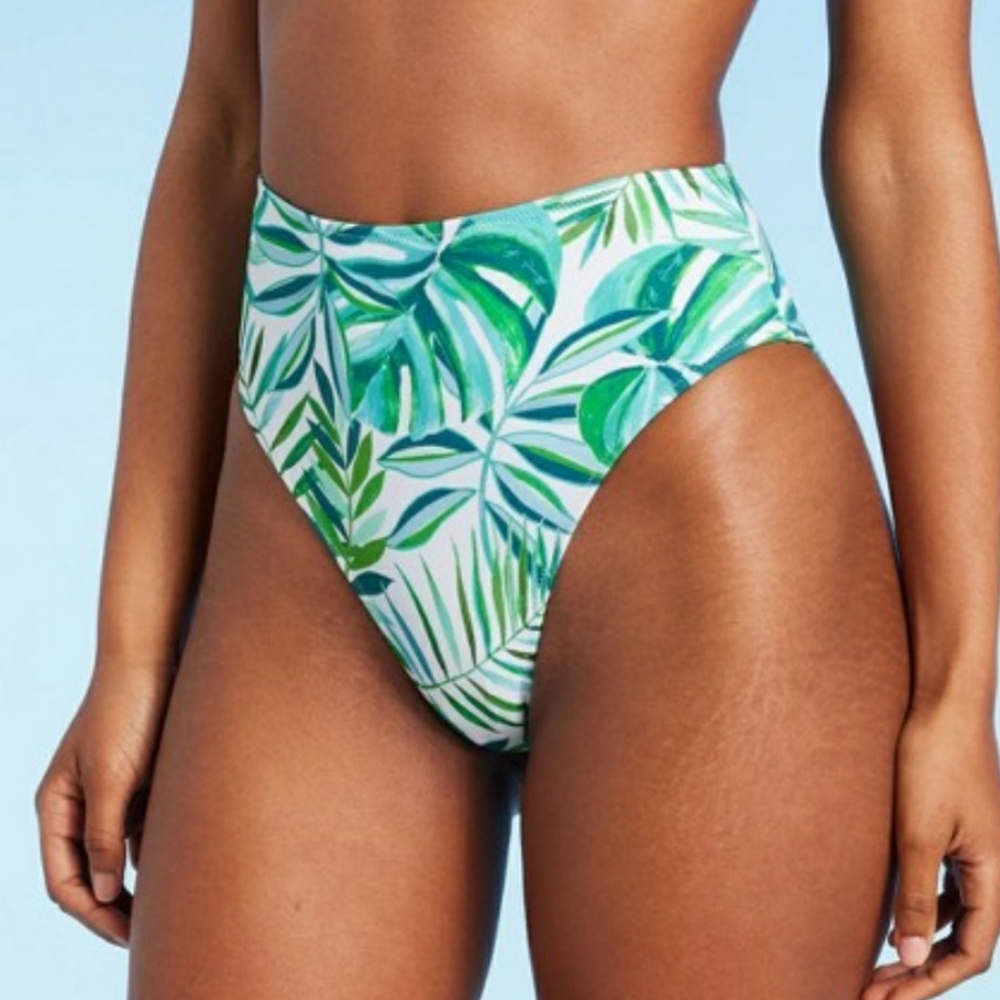 Women's High Waist High Leg Extra Cheeky Bikini Bottom -  Green Tropical Print